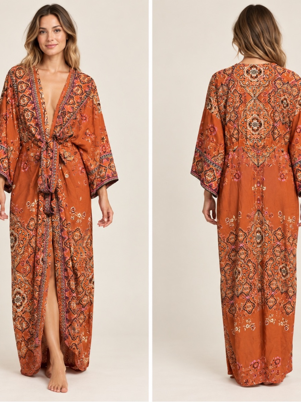 Kendall & Kyle Boho Floral Tie-Front Maxi Dress in Paisley Rust SZ Large